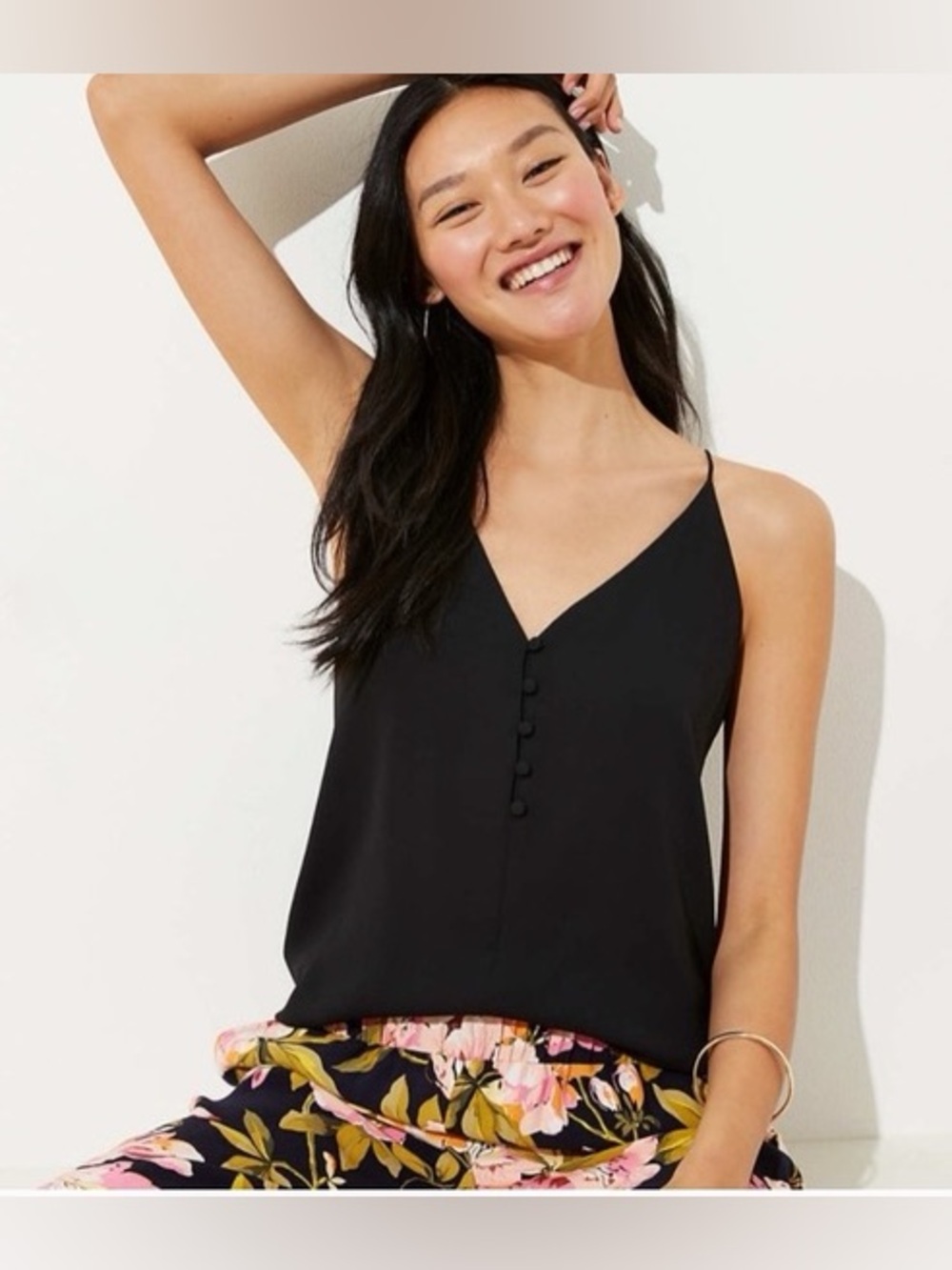 LOFT Black V-Neck Button Front Spaghetti Strap Camisole